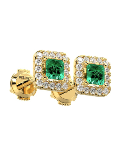 Boucles d'oreilles en or jaune 18K émeraude princesse et halo de diamants
