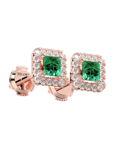 Boucles d'oreilles en or rose 18K émeraude princesse et halo de diamants