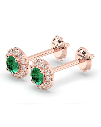 Boucles d'oreilles en or rose 18K émeraude ronde et halo de diamants