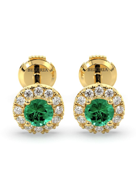 Boucles d'oreilles en or blanc 18K émeraude ronde et halo de diamants 2