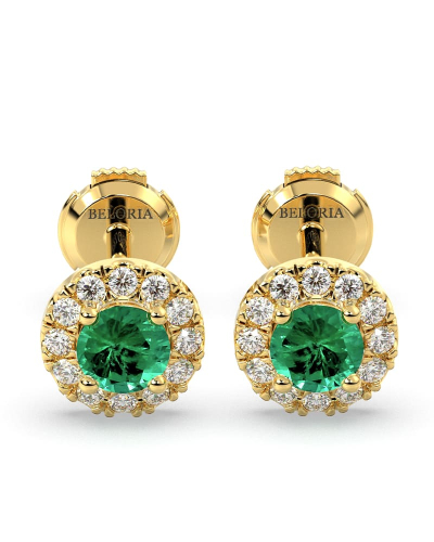 Boucles d'oreilles en or jaune 18K émeraude ronde et halo de diamants