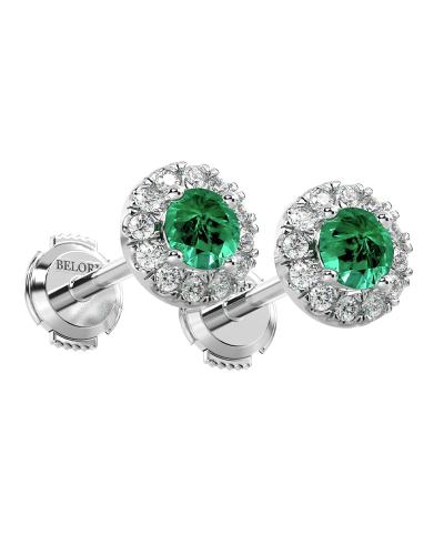 Boucles d'oreilles en or blanc 18K émeraude ronde et halo de diamants