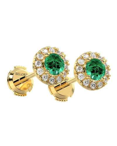 Boucles d'oreilles en or jaune 18K émeraude ronde et halo de diamants