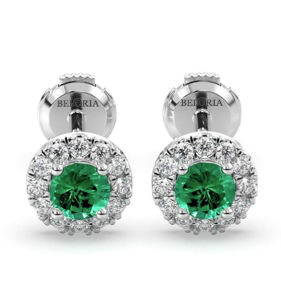 Boucles d'oreilles en or blanc 18K émeraude ronde et halo de diamants