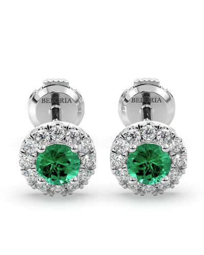 Boucles d'oreilles en or blanc 18K émeraude ronde et halo de diamants