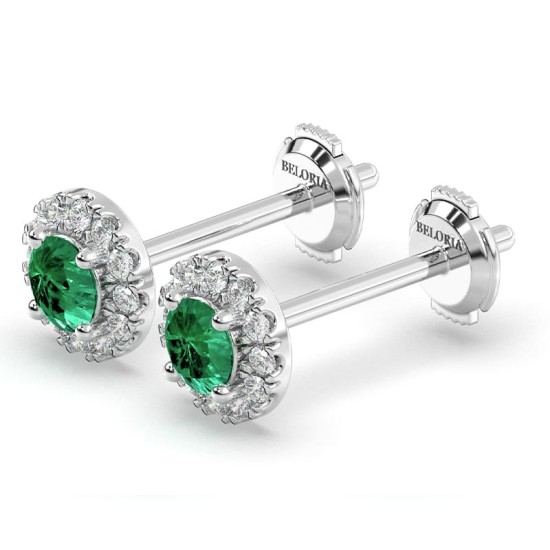 Boucles d'oreilles en or blanc 18K émeraude ronde et halo de diamants
