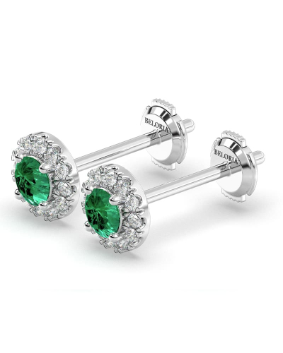 Boucles d'oreilles en or blanc 18K émeraude ronde et halo de diamants
