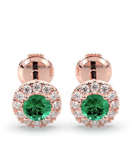 Boucles d'oreilles en or blanc 18K émeraude ronde et halo de diamants 2