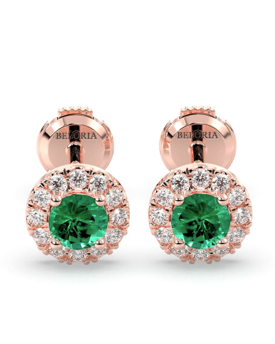 Boucles d'oreilles en or rose 18K émeraude ronde et halo de diamants