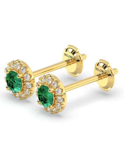 Boucles d'oreilles en or jaune 18K émeraude ronde et halo de diamants