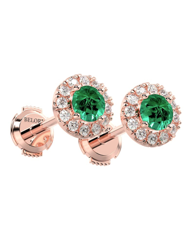 Boucles d'oreilles en or rose 18K émeraude ronde et halo de diamants