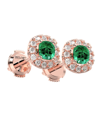 Boucles d'oreilles en or rose 18K émeraude coussin et halo de diamants
