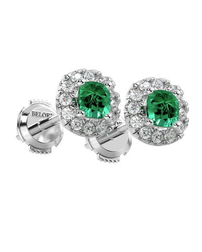 Boucles d'oreilles en or blanc 18K émeraude coussin et halo de diamants