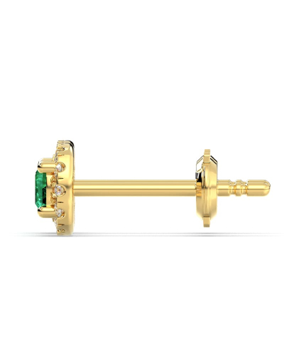 Boucles d'oreilles en or jaune 18K émeraude coussin et halo de diamants