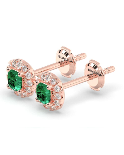 Boucles d'oreilles en or rose 18K émeraude coussin et halo de diamants