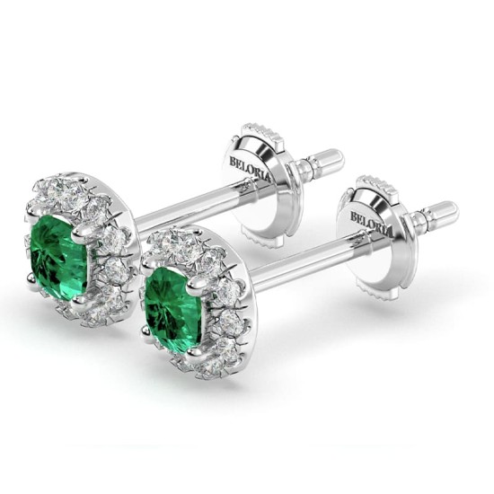 Boucles d'oreilles en or blanc 18K émeraude coussin et halo de diamants