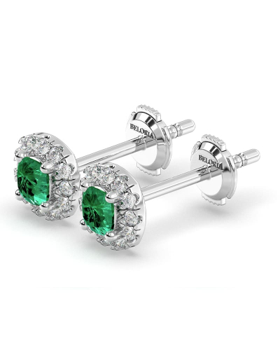 Boucles d'oreilles en or blanc 18K émeraude coussin et halo de diamants