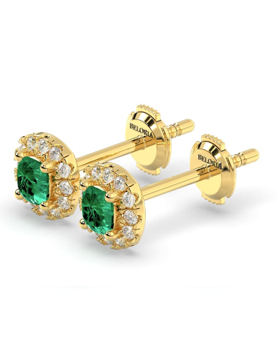 Boucles d'oreilles en or jaune 18K émeraude coussin et halo de diamants