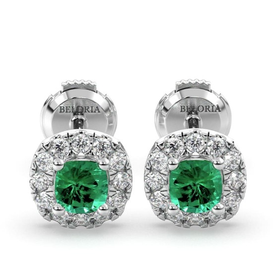 Boucles d'oreilles en or blanc 18K émeraude coussin et halo de diamants