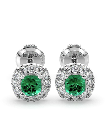 Boucles d'oreilles en or blanc 18K émeraude coussin et halo de diamants