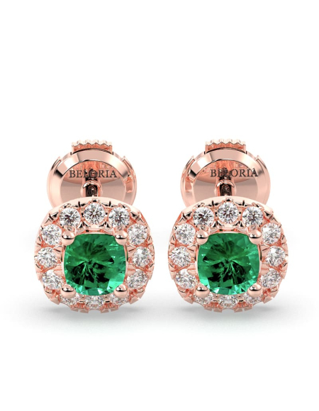 Boucles d'oreilles en or blanc 18K émeraude coussin et halo de diamants 2