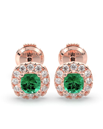 Boucles d'oreilles en or rose 18K émeraude coussin et halo de diamants