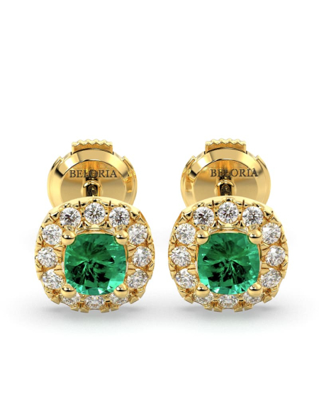 Boucles d'oreilles en or blanc 18K émeraude coussin et halo de diamants 2
