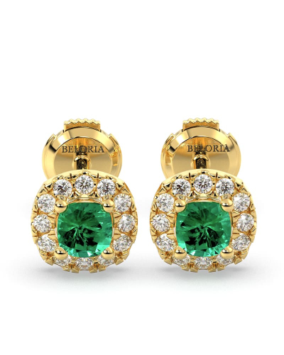 Boucles d'oreilles en or jaune 18K émeraude coussin et halo de diamants
