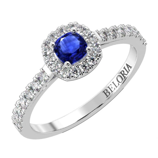 Bague en or blanc 18 carats, saphir et son halo de diamants