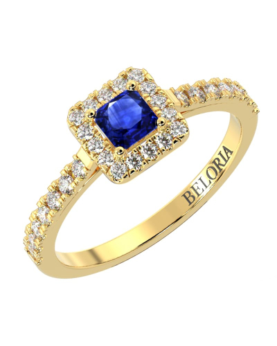 Bague Solitaire en Or jaune avec Saphir princesse et son Halo Accompagné Diamant