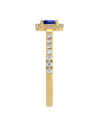 Bague Solitaire en Or jaune avec Saphir princesse et son Halo Accompagné Diamant