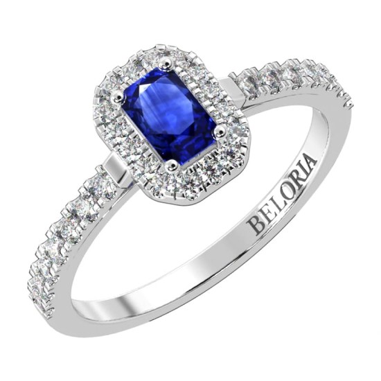 Bague Solitaire en Or blanc saphir  Halo Accompagné Diamant