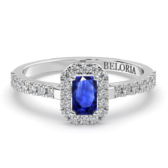 Bague Solitaire en Or blanc saphir  Halo Accompagné Diamant