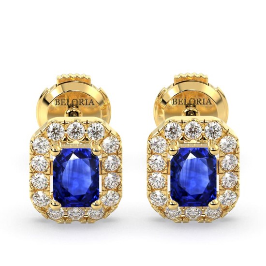 Boucles d'oreilles en or jaune 18K saphir et halo de diamants