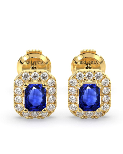Boucles d'oreilles en or jaune 18K saphir et halo de diamants