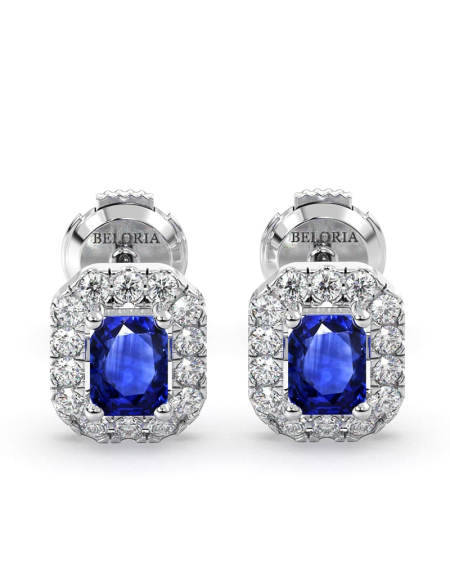Boucles d'oreilles en or jaune 18K saphir et halo de diamants 2