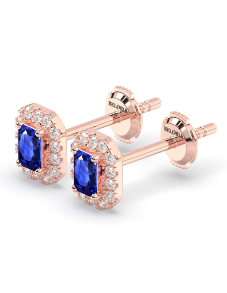 Boucles d'oreilles en or jaune 18K saphir et halo de diamants 2