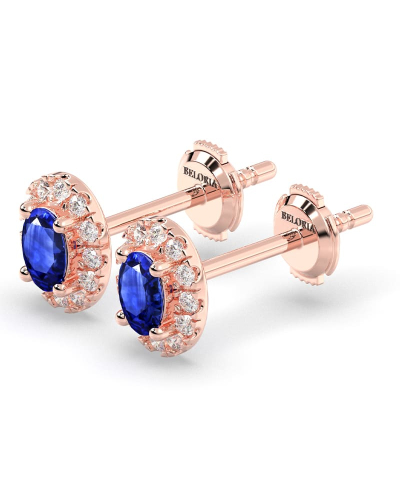 Boucles d'oreilles en or rose 18K saphir oval et halo de diamants