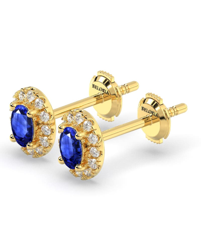 Boucles d'oreilles en or jaune 18K saphir oval et halo de diamants