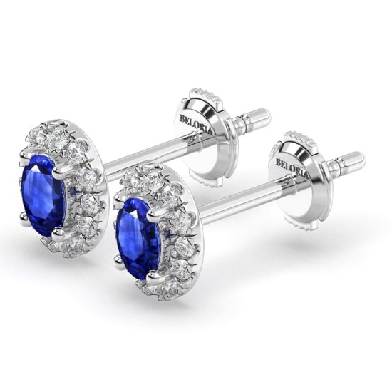 Boucles d'oreilles en or blanc 18K saphir oval et halo de diamants