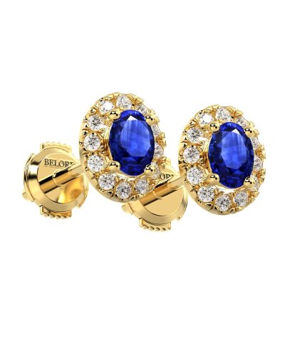 Boucles d'oreilles en or jaune 18K saphir oval et halo de diamants
