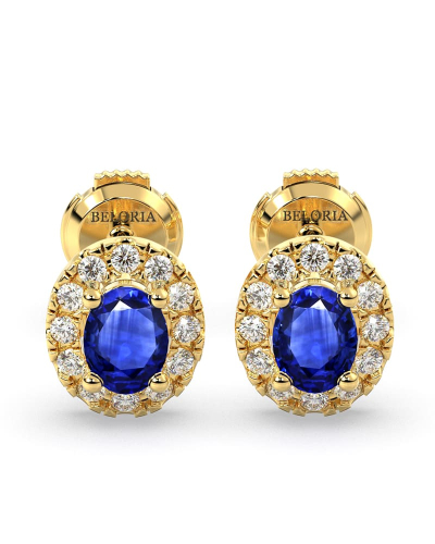 Boucles d'oreilles en or jaune 18K saphir oval et halo de diamants