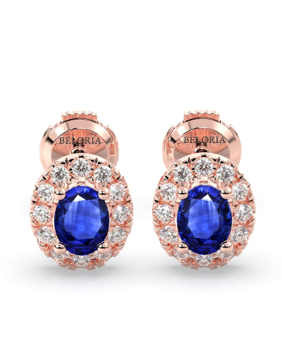 Boucles d'oreilles en or rose 18K saphir oval et halo de diamants