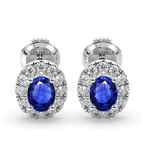 Boucles d'oreilles en or blanc 18K saphir oval et halo de diamants