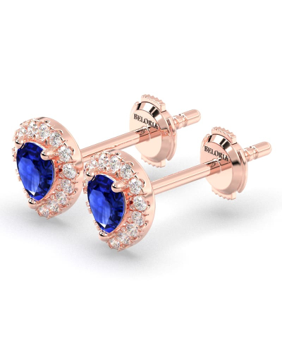 Boucles d'oreilles or rose 18K saphir poire et halo de diamants