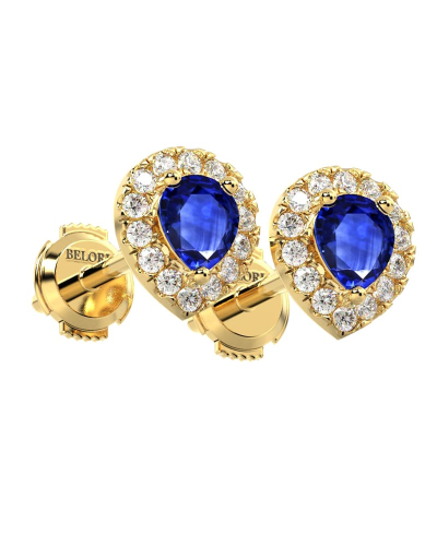 Boucles d'oreilles or jaune 18K saphir poire et halo de diamants