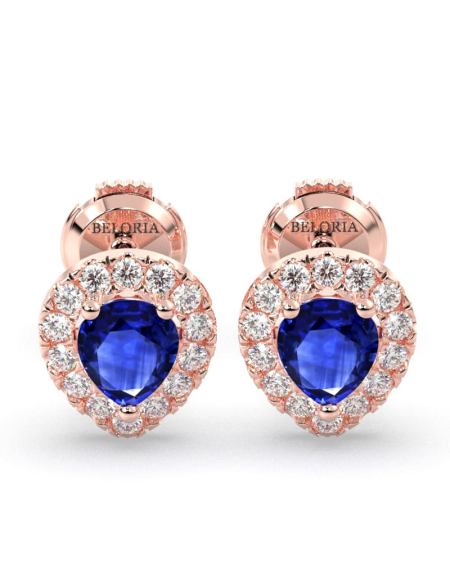 Boucles d'oreilles or jaune 18K saphir poire et halo de diamants 2