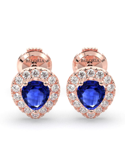 Boucles d'oreilles or rose 18K saphir poire et halo de diamants