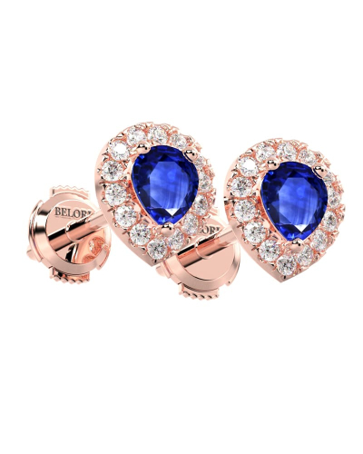 Boucles d'oreilles or rose 18K saphir poire et halo de diamants