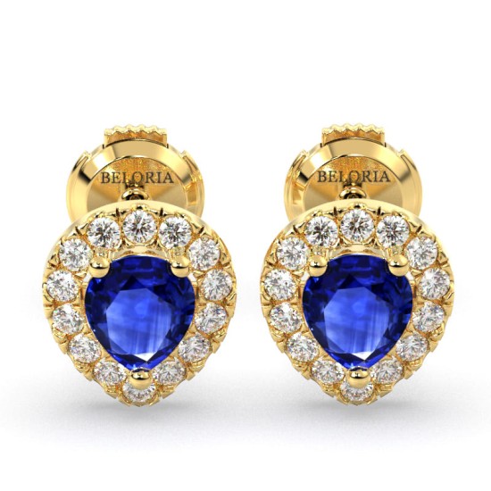 Boucles d'oreilles or jaune 18K saphir poire et halo de diamants